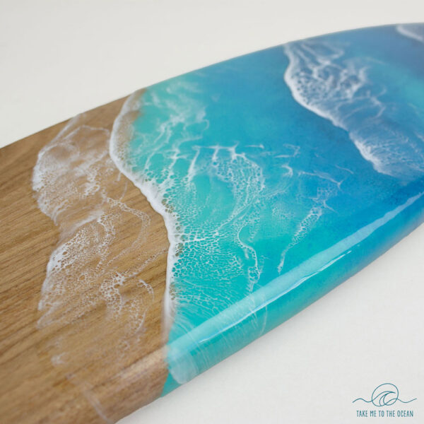 Decorative surfboard with ocean art made from elmwood and resin