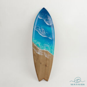 Decorative surfboard with ocean art made from elmwood and resin