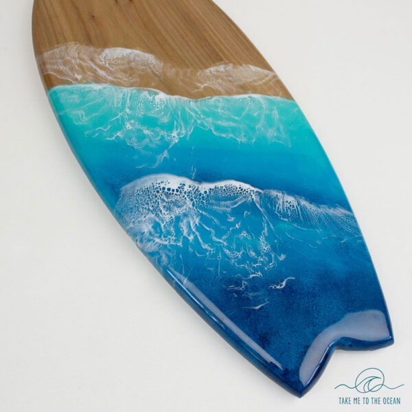 Decorative surfboard with ocean art made from elmwood and resin