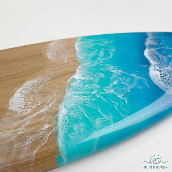 Decorative surfboard with ocean art made from elmwood and resin