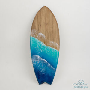 Decorative surfboard with ocean art made from elmwood and resin