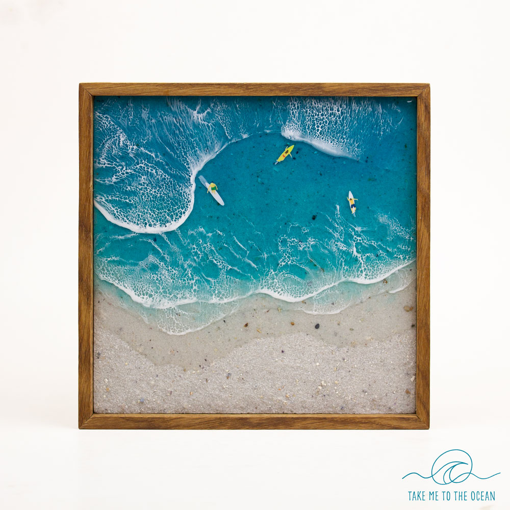 Big wave surfing, inspired by waves at Nazaré Portugal. Surfer on a green surfboard. Presented as wall decor
