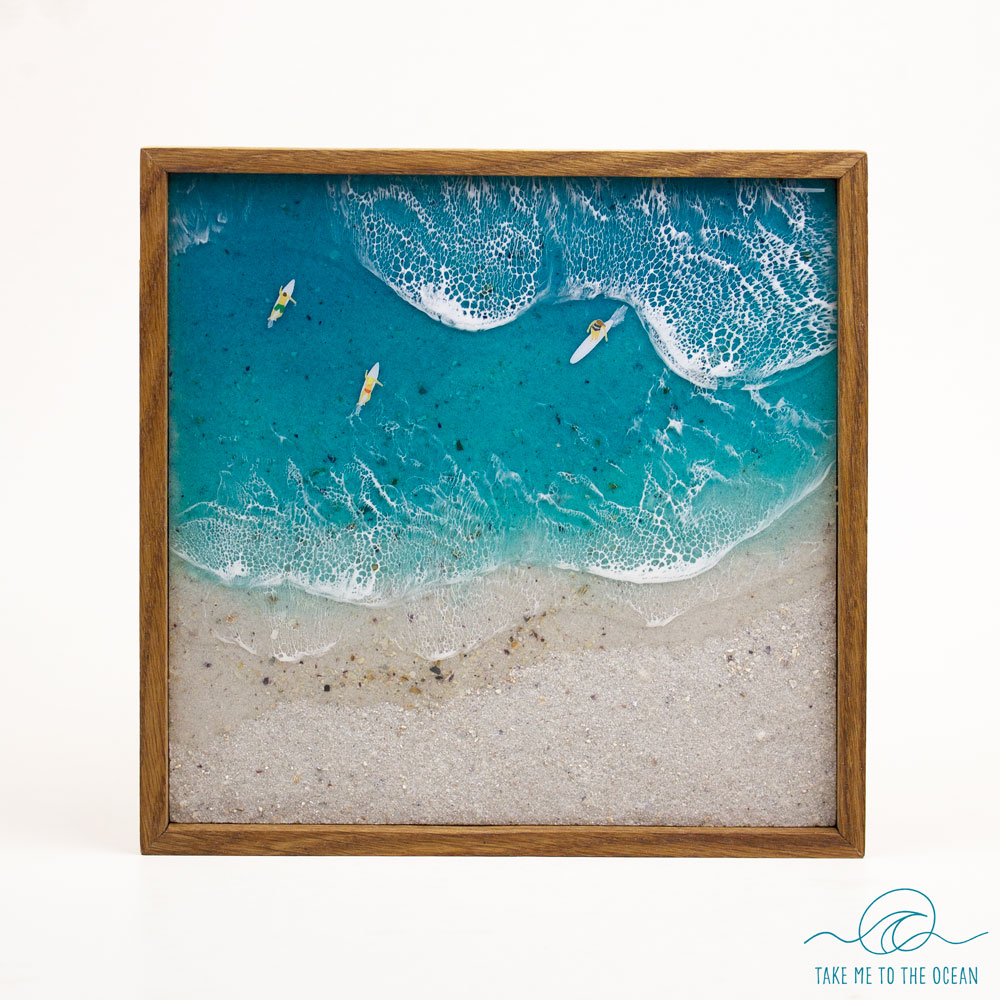 Big wave surfing, inspired by waves at Nazaré Portugal. Surfer on a white surfboard. Presented as wall decor